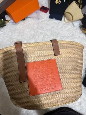 Loewe Natural Straw Tote with Orange Logo Patch and Brown Straps